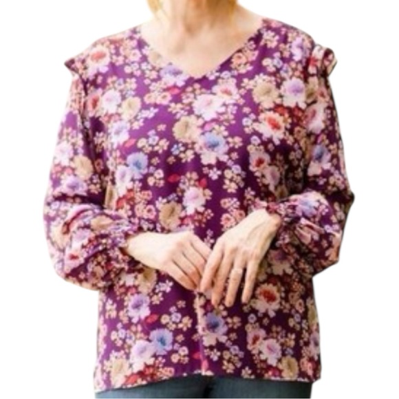 PIONEER WOMAN XL Floral Blouse Purple Ruffle Detail Long Sleeves - Picture 12 of 12